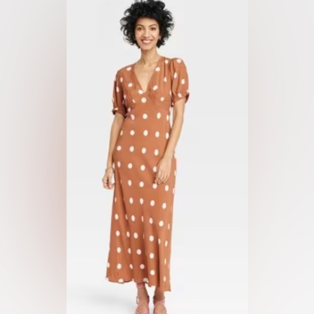 Target A New Day Crepe Puff Sleeve Brown/White Polka Dot Midi Dress, size XS -